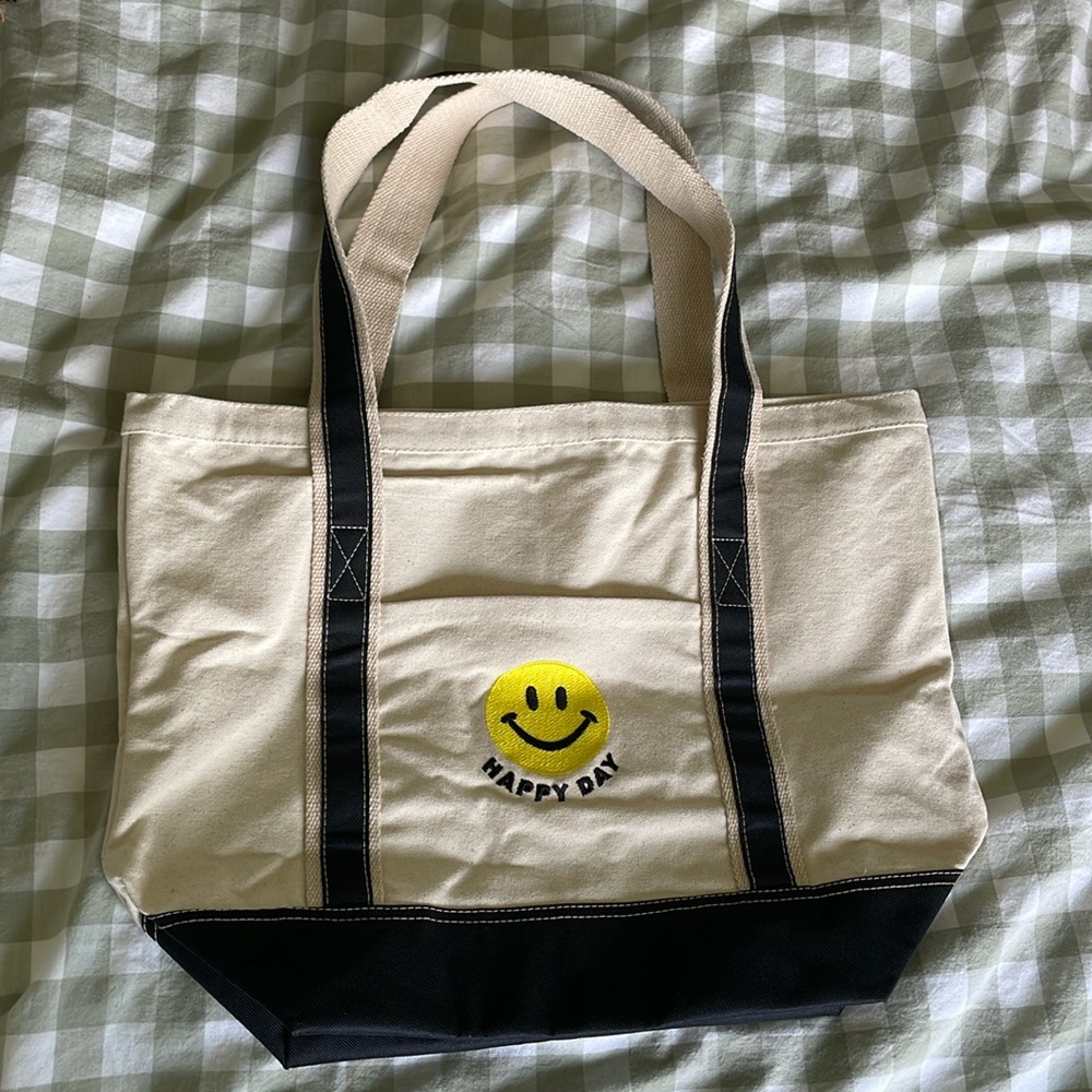 NWOT Happy Day Canvas Tote Bag - Cream and Black